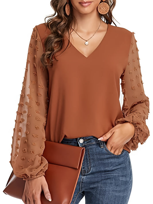 V-Neck Shirt with Swiss Dot Sleeves