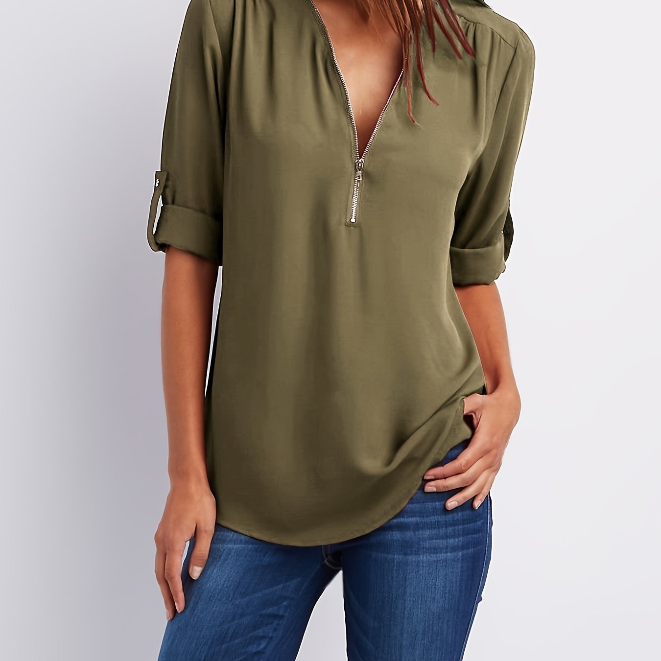 Ruched Sleeve Zip V-Neck Blouse