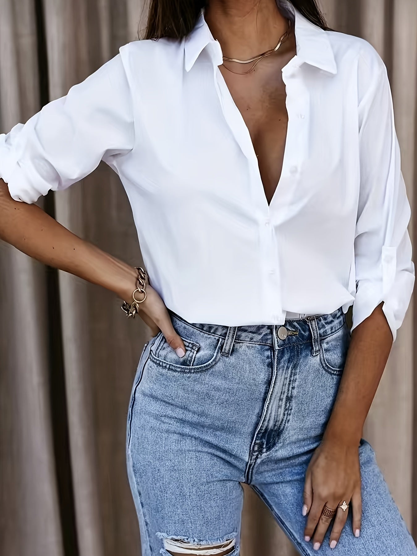 Rollable Sleeve Button Front Shirt