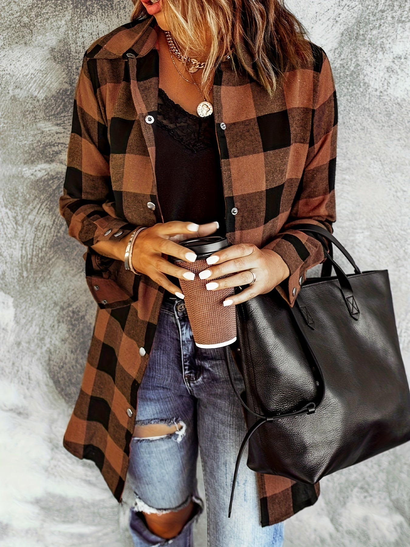 Plaid Button Front Long Shirt