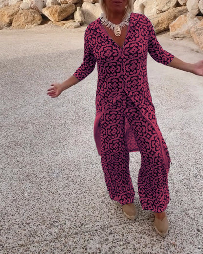 Vintage Printed Two-Piece Set – Blouse & Pants
