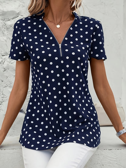 Polka Dot V-Neck Zipper Blouse