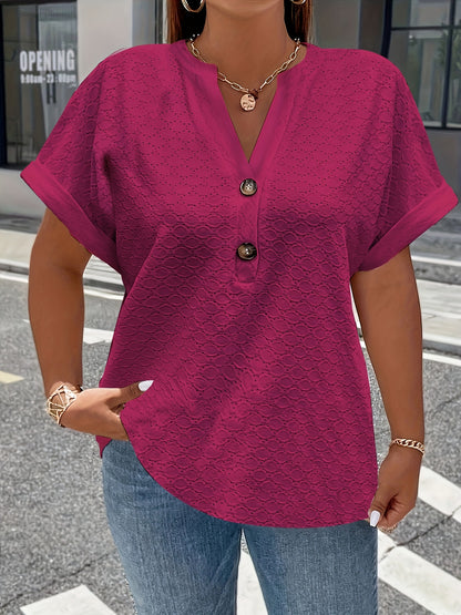 V-Neck Short Sleeve Blouse with Button Detail