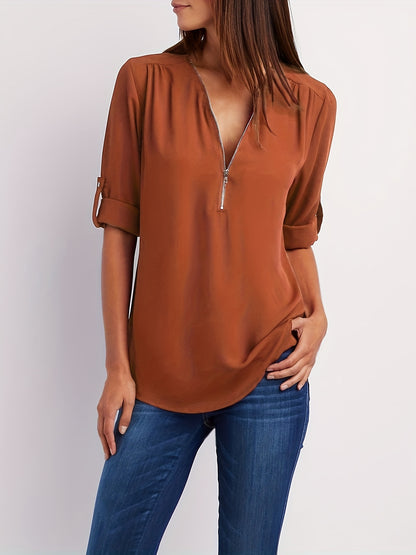Ruched Sleeve Zip V-Neck Blouse