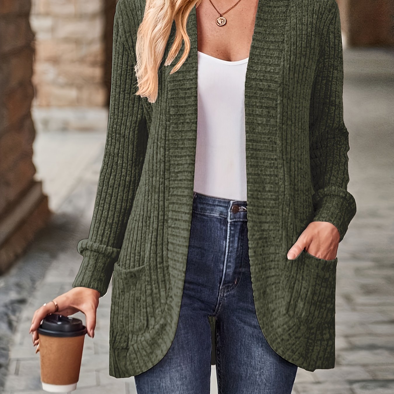 Ribbed Open Front Cardigan with Pockets