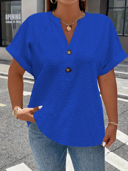 V-Neck Short Sleeve Blouse with Button Detail