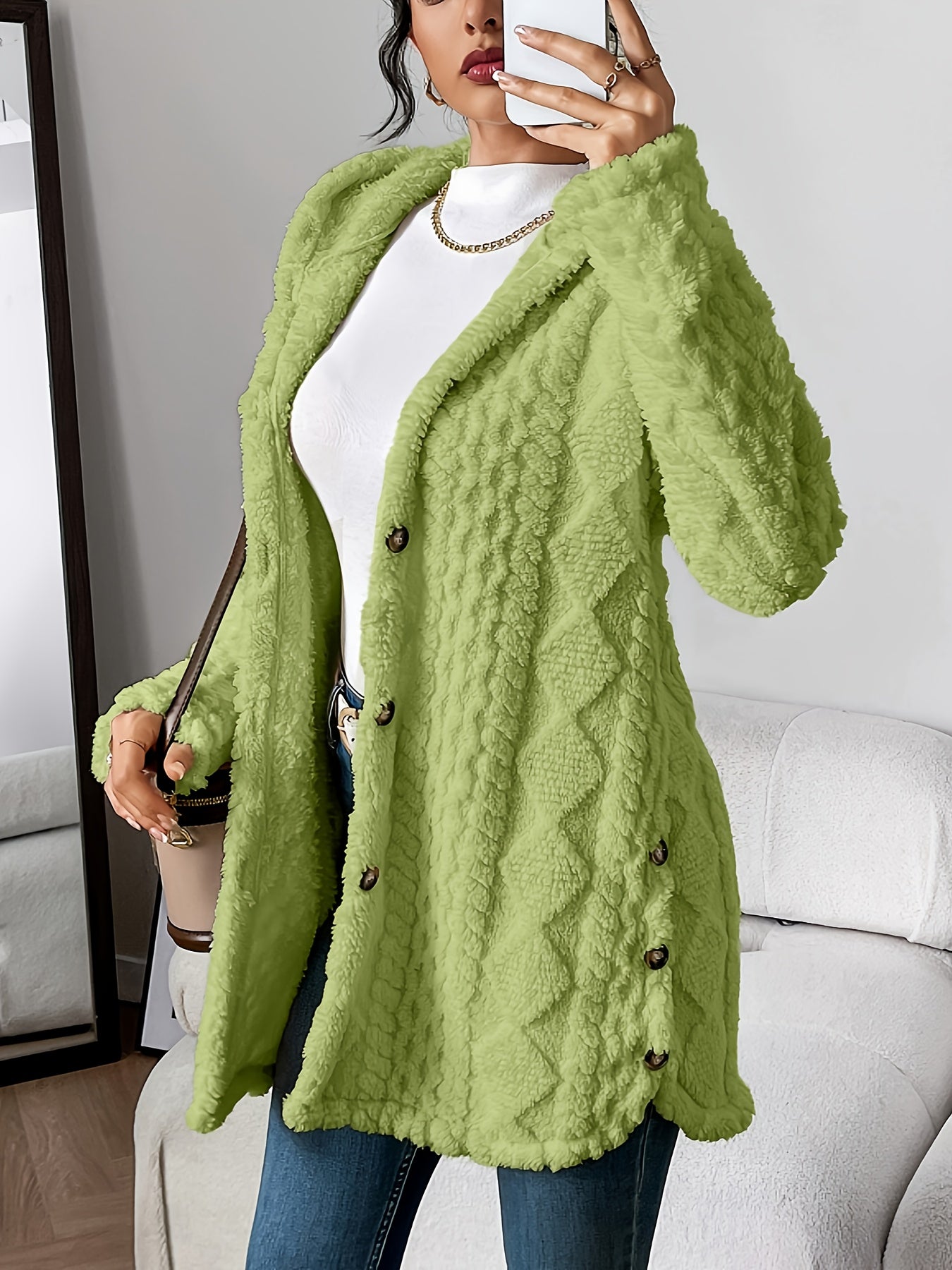 Plush Hooded Argyle Cardigan Coat