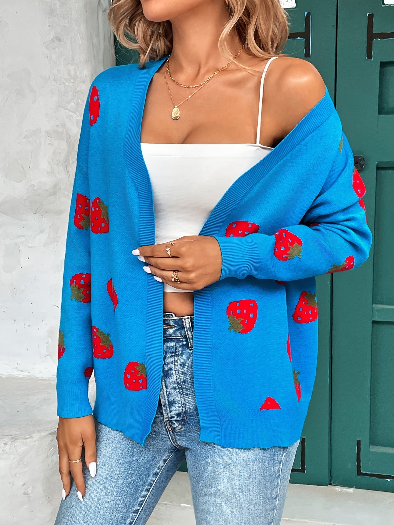 Strawberry Print Open Front Cardigan