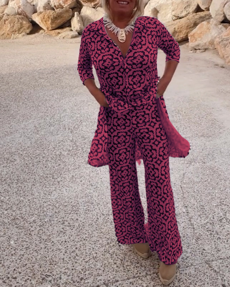 Vintage Printed Two-Piece Set – Blouse & Pants