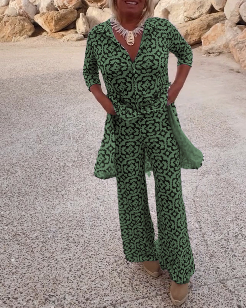 Vintage Printed Two-Piece Set – Blouse & Pants