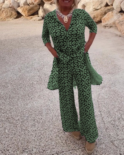 Vintage Printed Two-Piece Set – Blouse & Pants