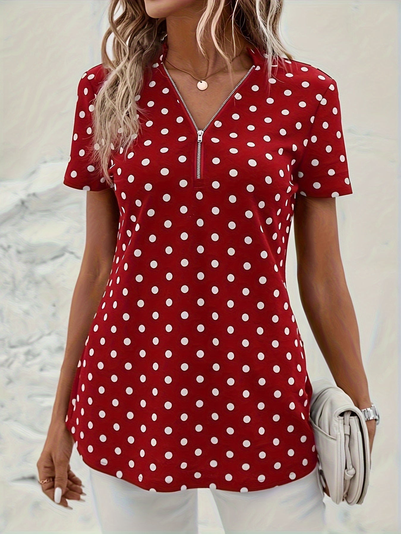 Polka Dot V-Neck Zipper Blouse