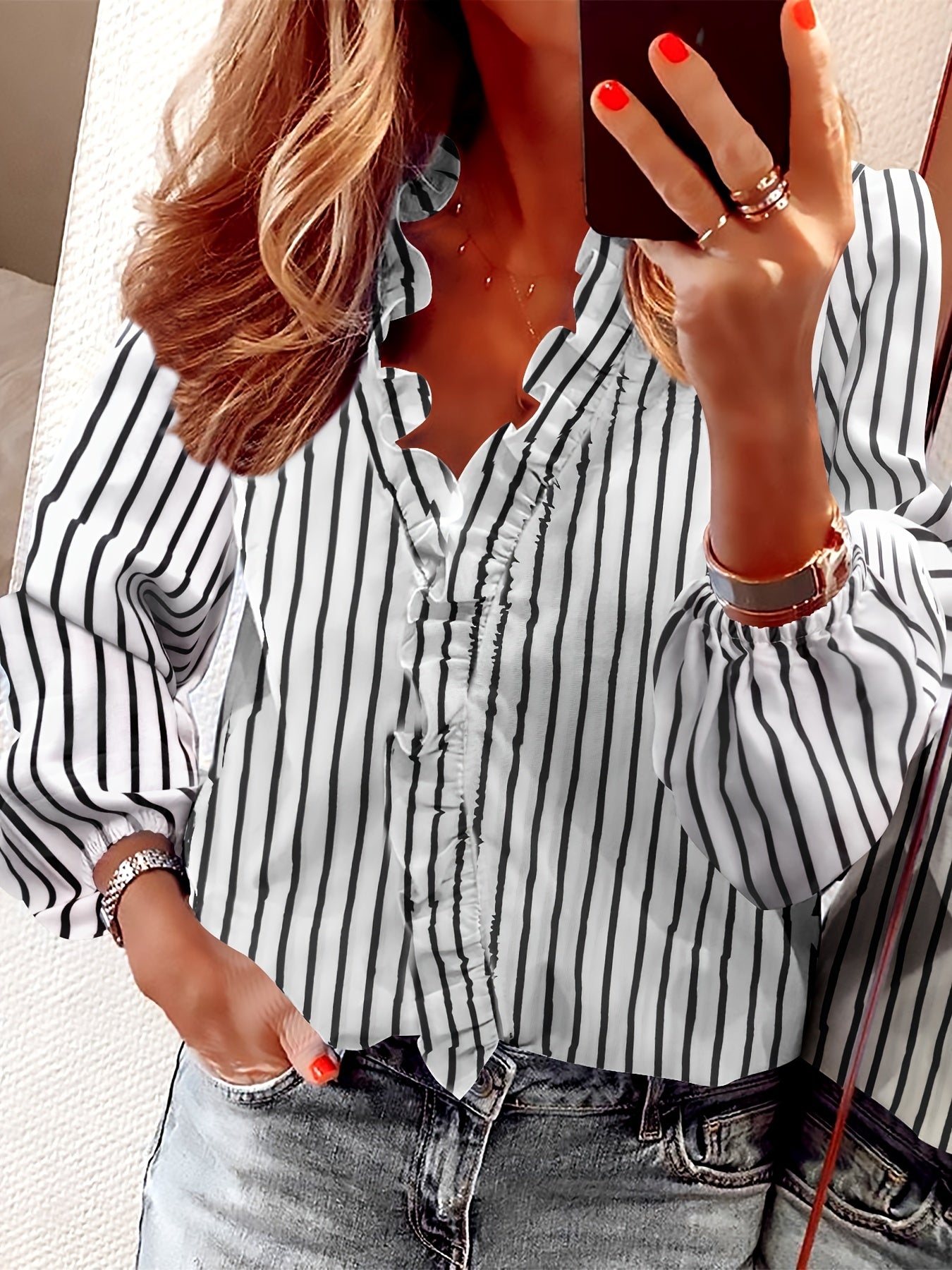 Ruffled V-Neck Loose Blouse