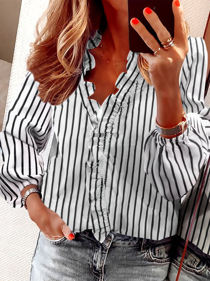 Ruffled V-Neck Loose Blouse