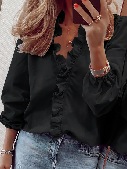 Ruffled V-Neck Loose Blouse