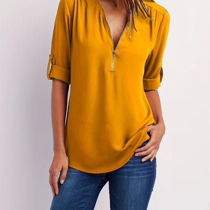 Ruched Sleeve Zip V-Neck Blouse