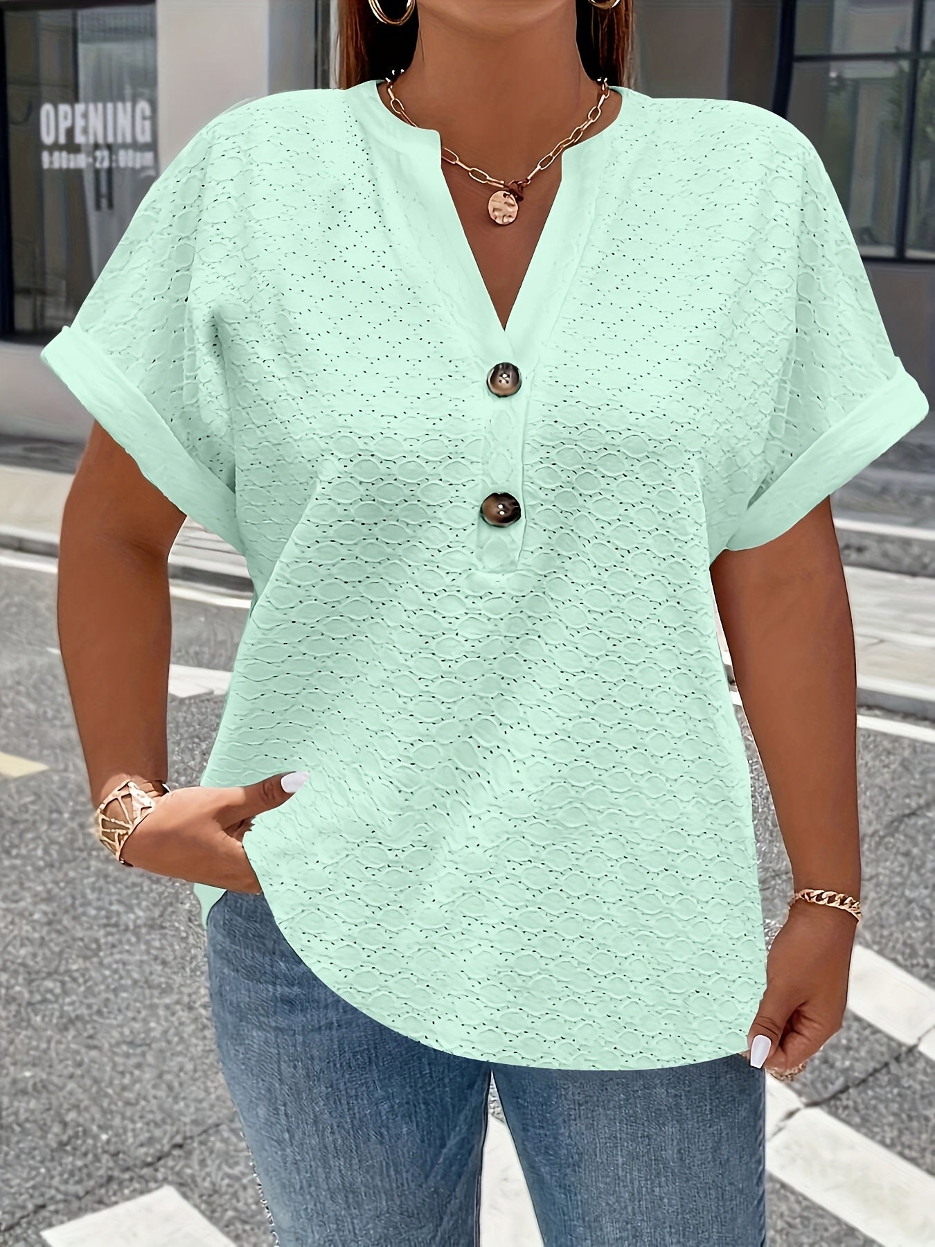 V-Neck Short Sleeve Blouse with Button Detail