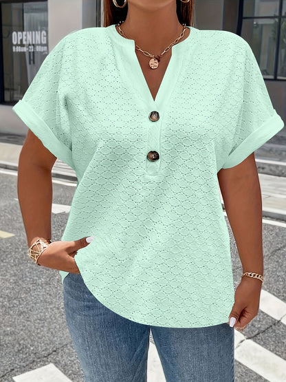 V-Neck Short Sleeve Blouse with Button Detail