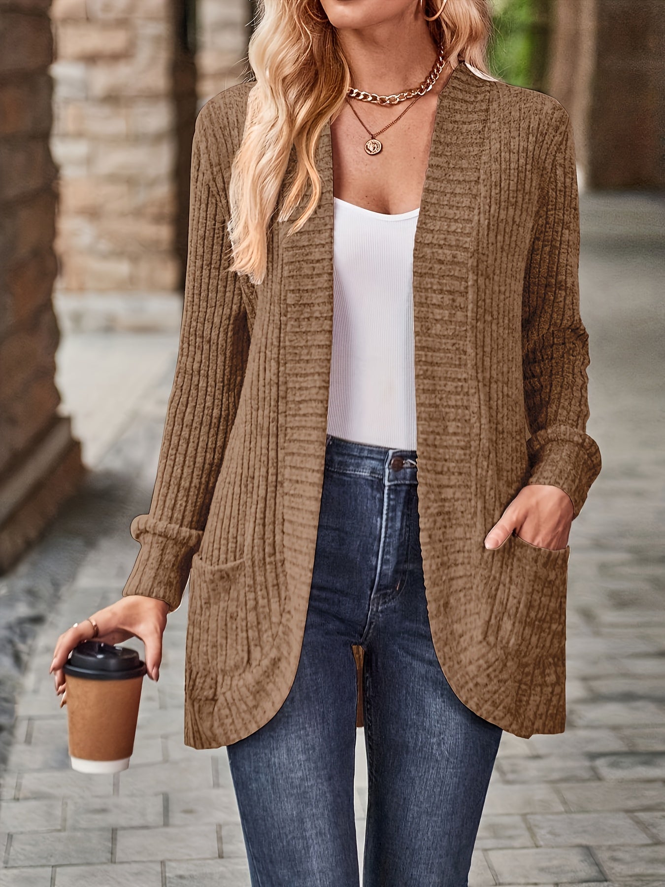 Ribbed Open Front Cardigan with Pockets