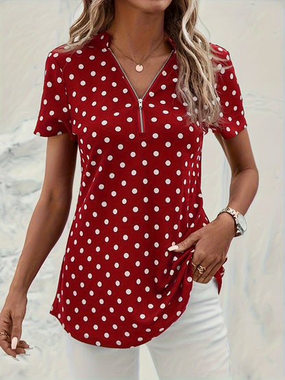 Polka Dot V-Neck Zipper Blouse