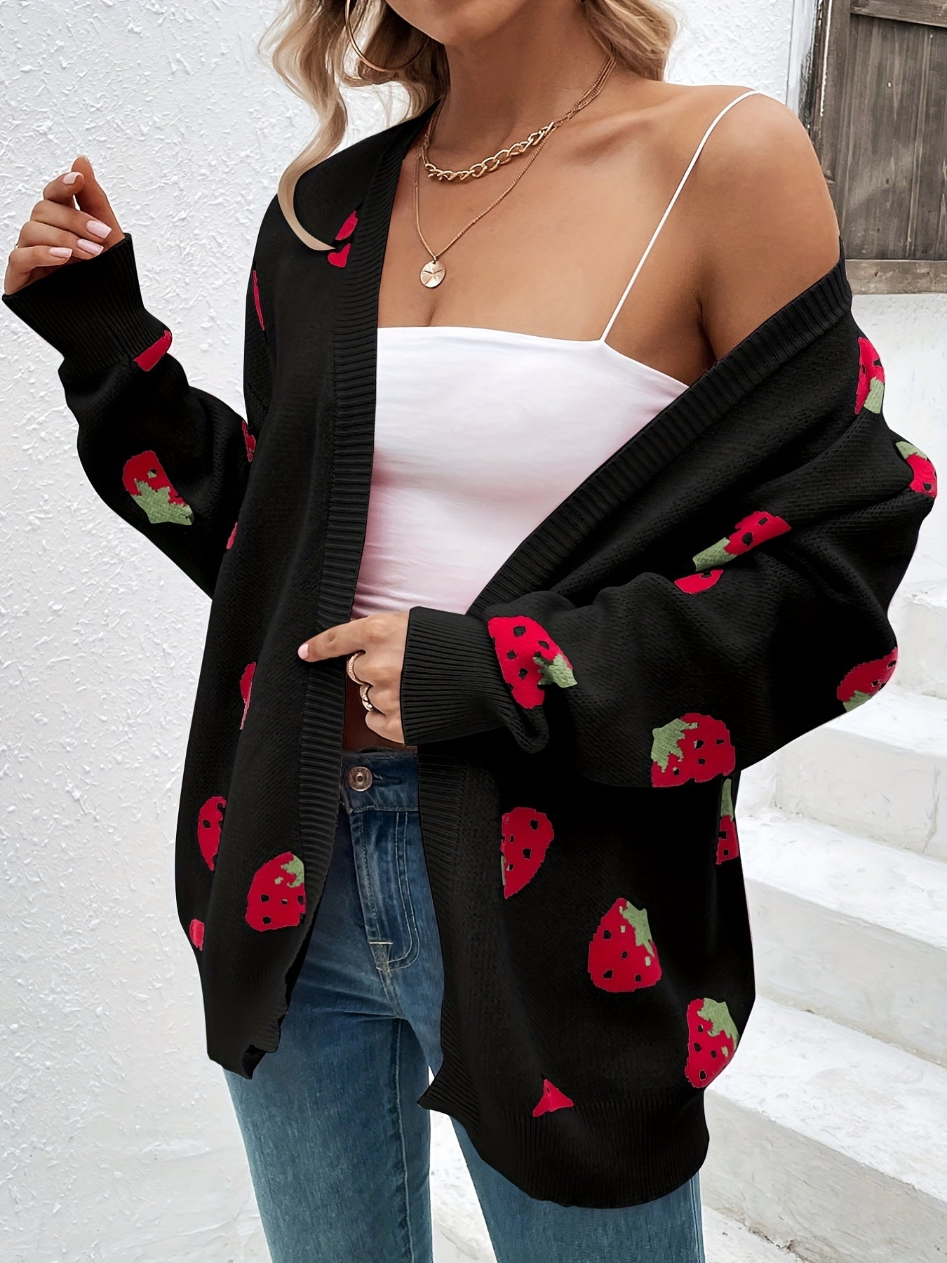 Strawberry Print Open Front Cardigan