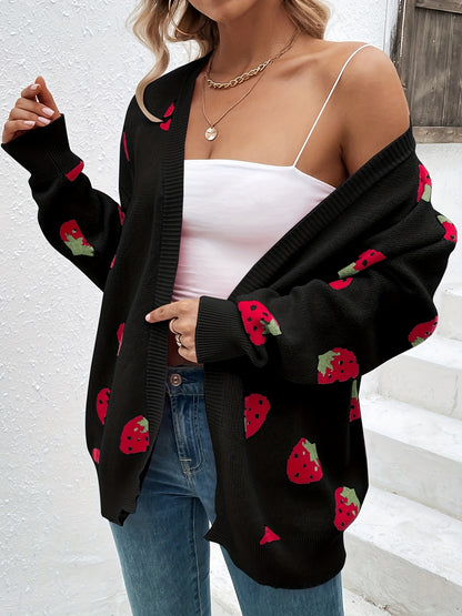 Strawberry Print Open Front Cardigan