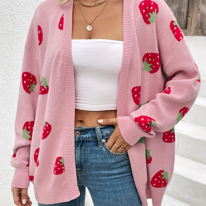 Strawberry Print Open Front Cardigan