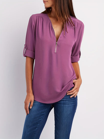 Ruched Sleeve Zip V-Neck Blouse