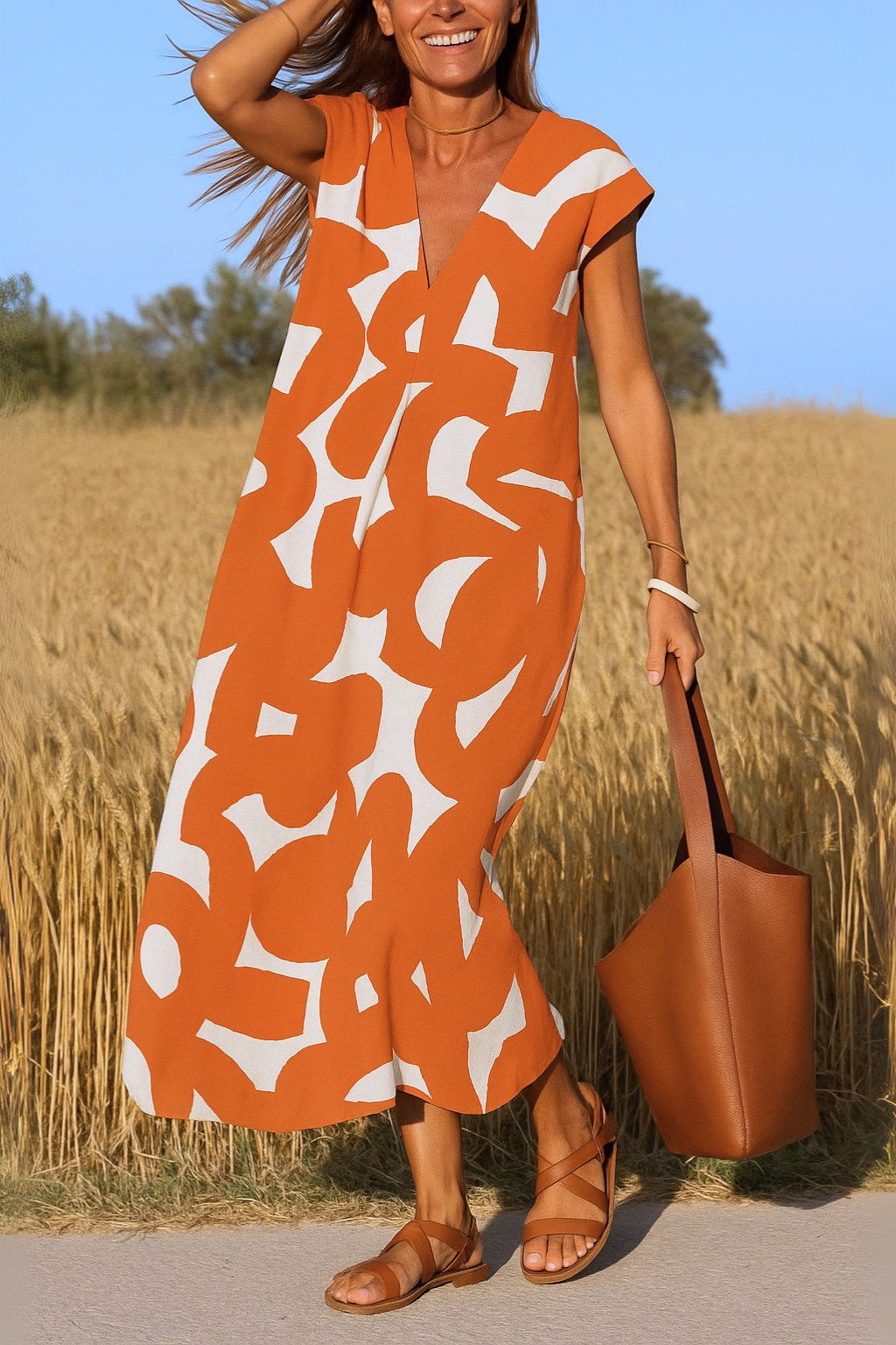Printed Dress with V-Neck