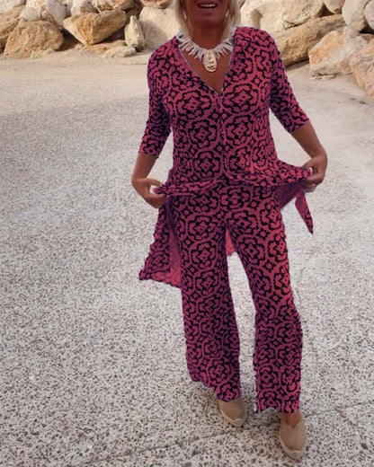 Vintage Printed Two-Piece Set – Blouse & Pants