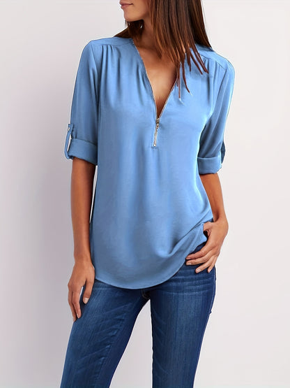 Ruched Sleeve Zip V-Neck Blouse