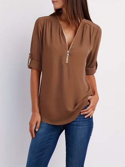 Ruched Sleeve Zip V-Neck Blouse