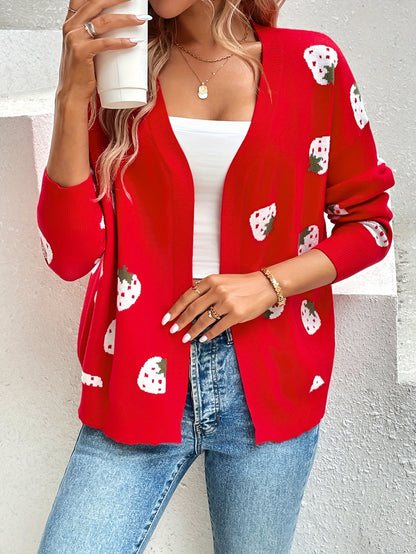 Strawberry Print Open Front Cardigan