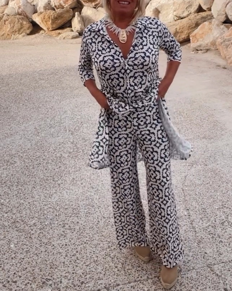 Vintage Printed Two-Piece Set – Blouse & Pants