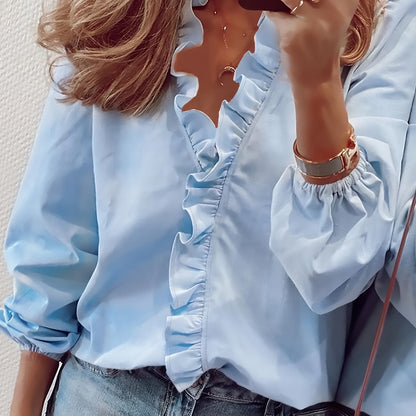 Ruffled V-Neck Loose Blouse
