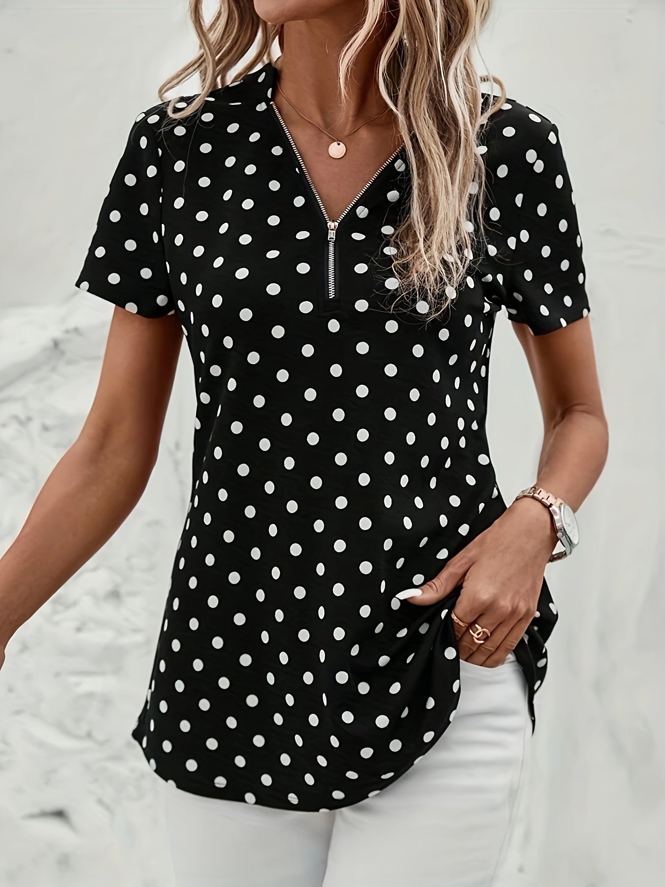 Polka Dot V-Neck Zipper Blouse