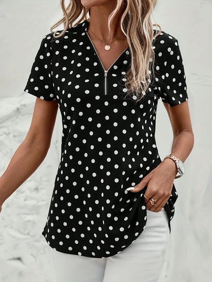 Polka Dot V-Neck Zipper Blouse