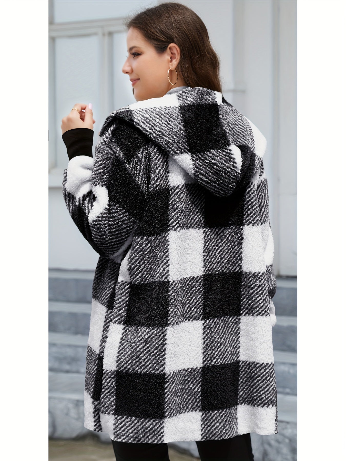 Plaid Fleece Hooded Cardigan Jacket
