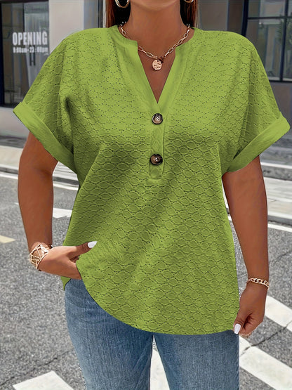 V-Neck Short Sleeve Blouse with Button Detail