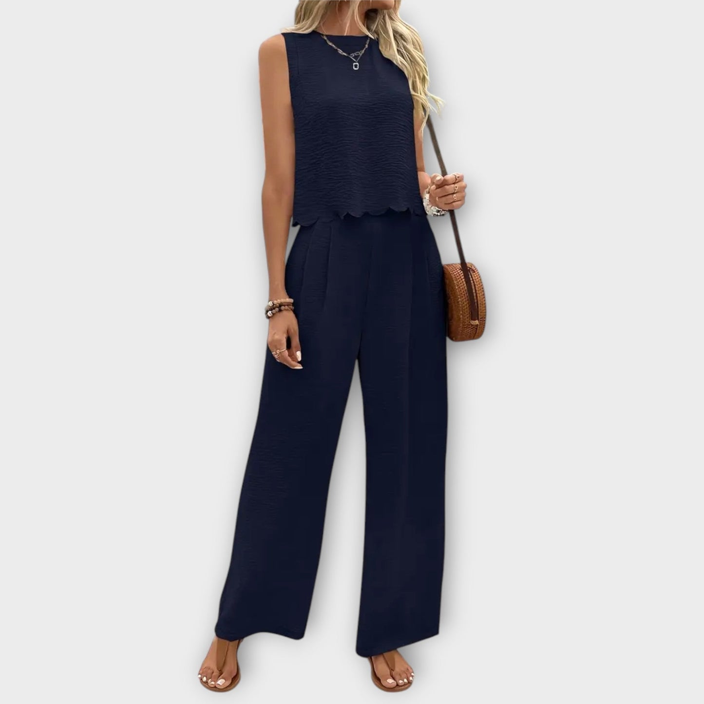 Floral Trim Vest and Tailored Trousers Set