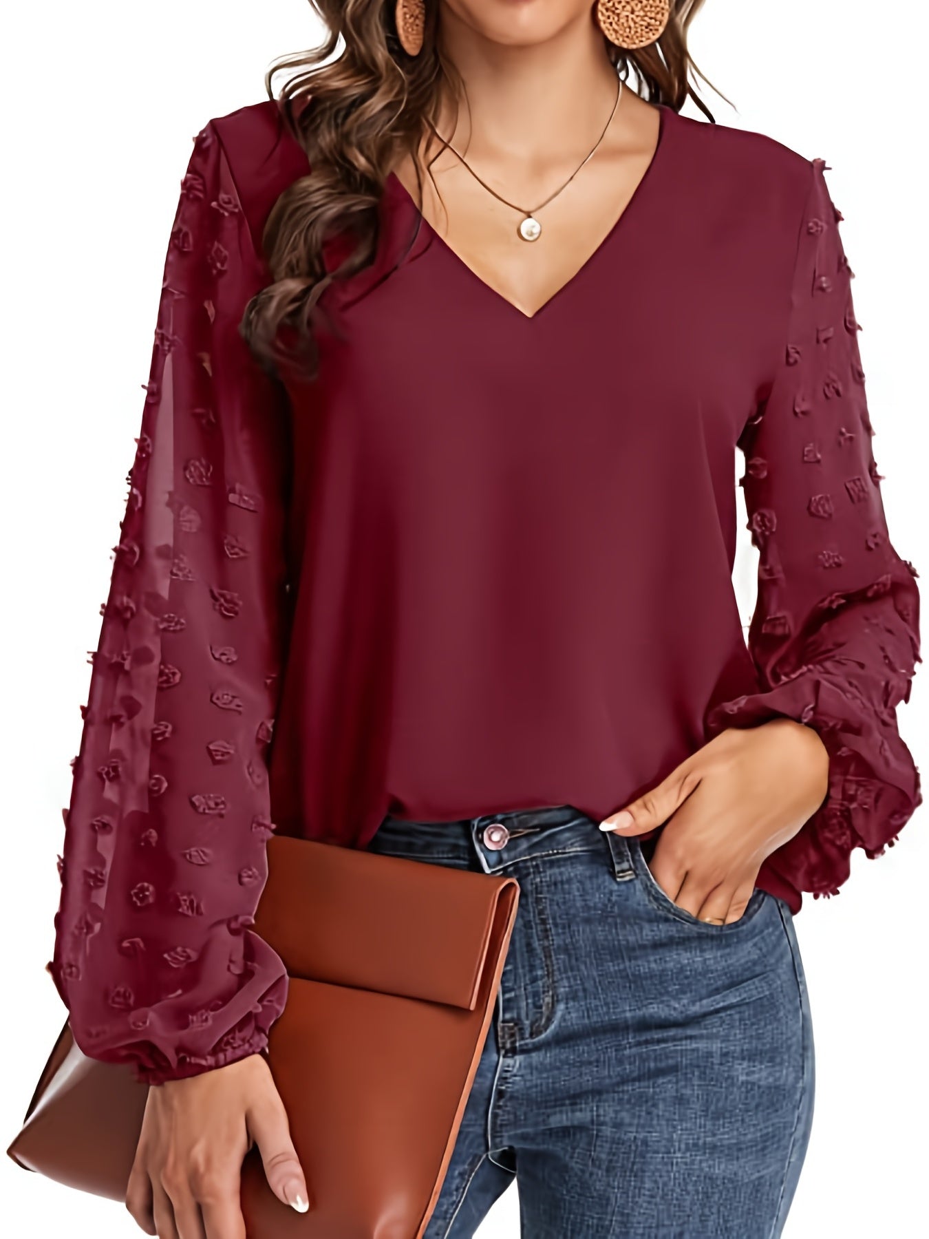 V-Neck Shirt with Swiss Dot Sleeves