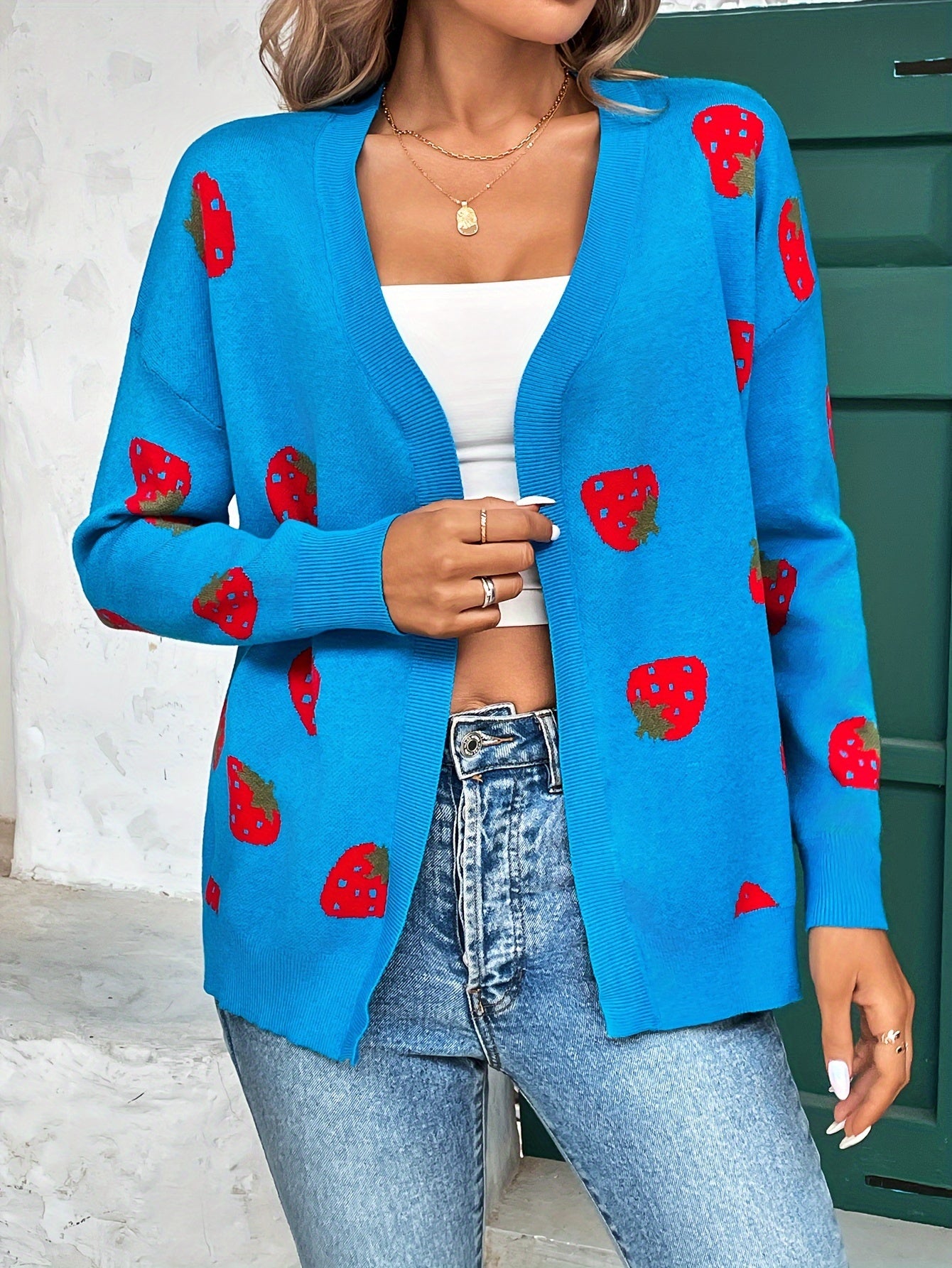 Strawberry Print Open Front Cardigan