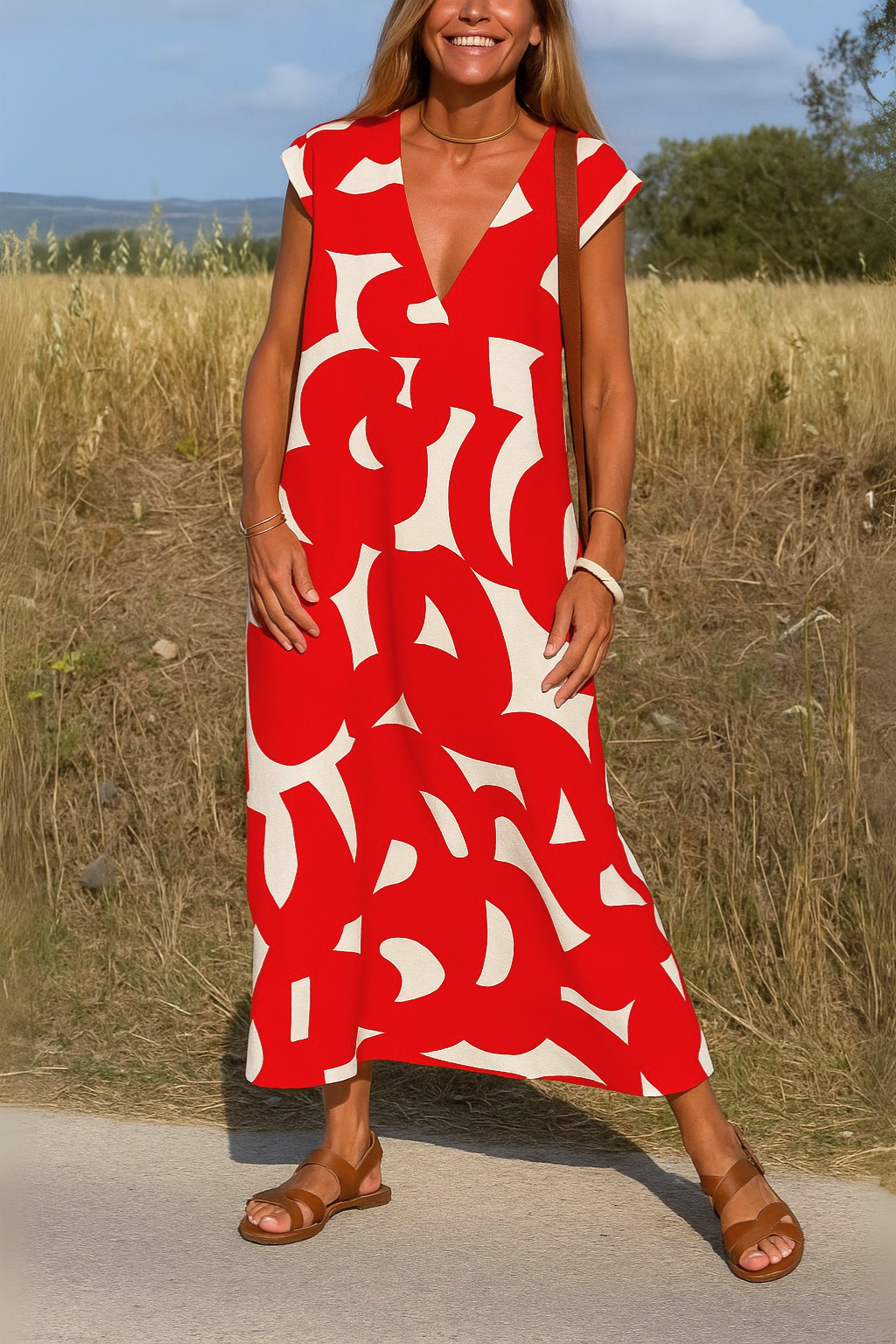 Printed Dress with V-Neck