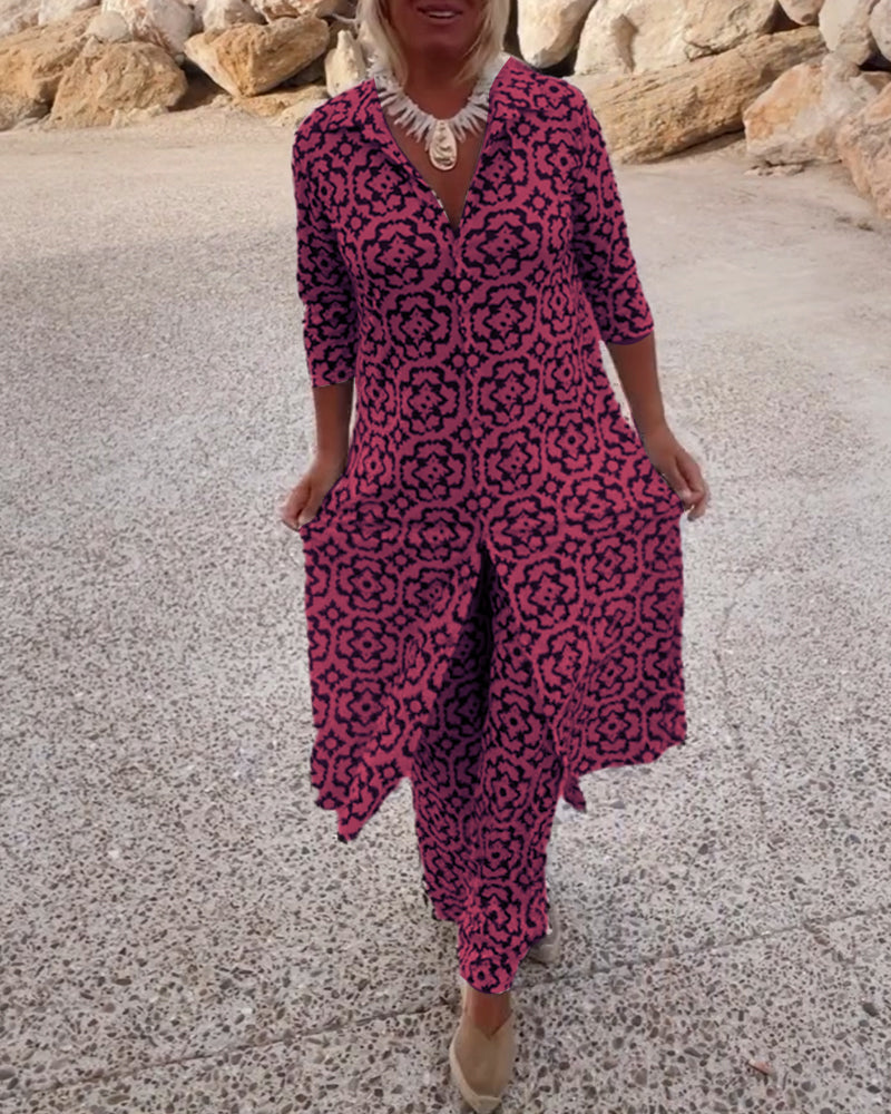 Vintage Printed Two-Piece Set – Blouse & Pants
