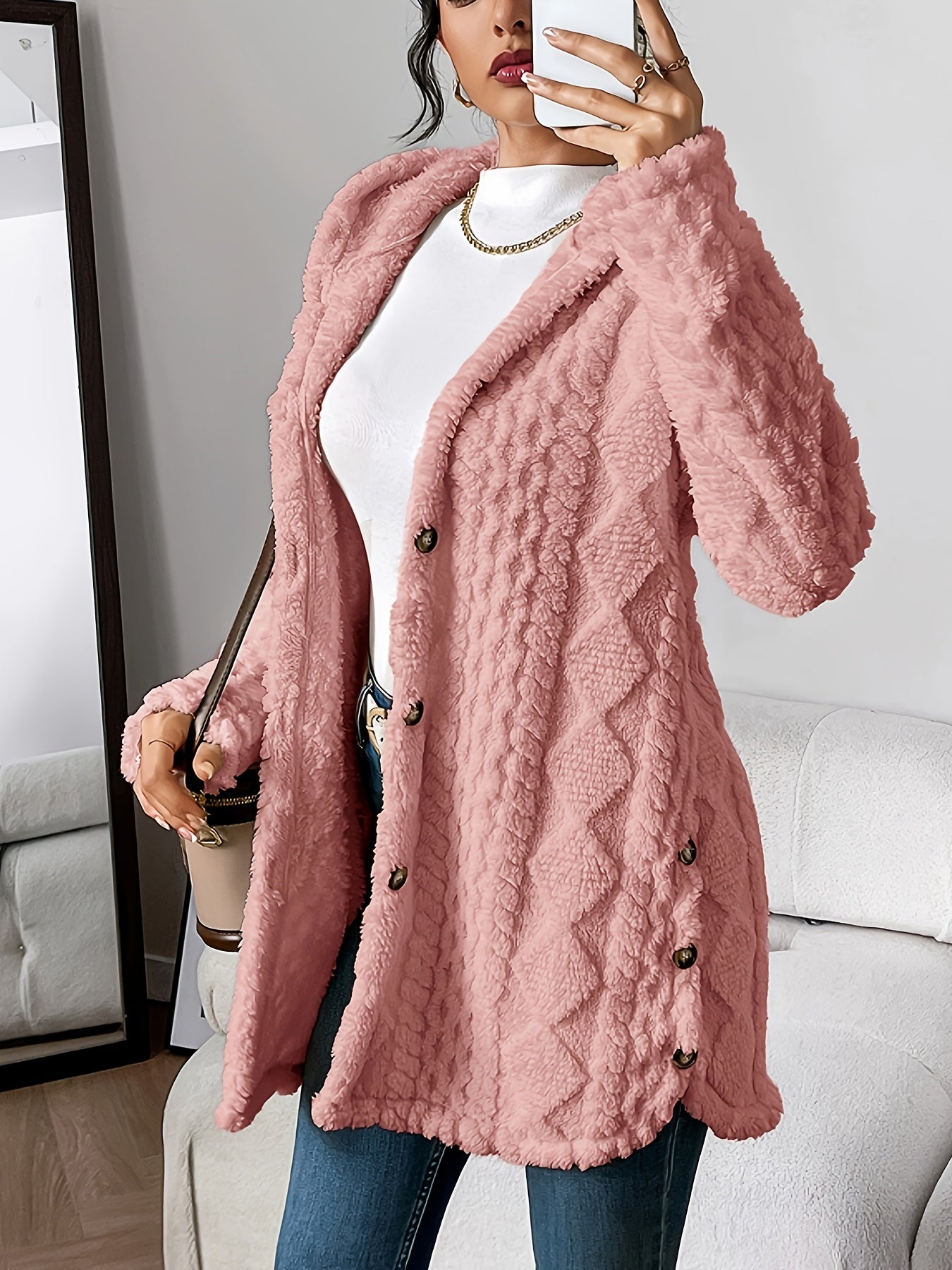 Plush Hooded Argyle Cardigan Coat