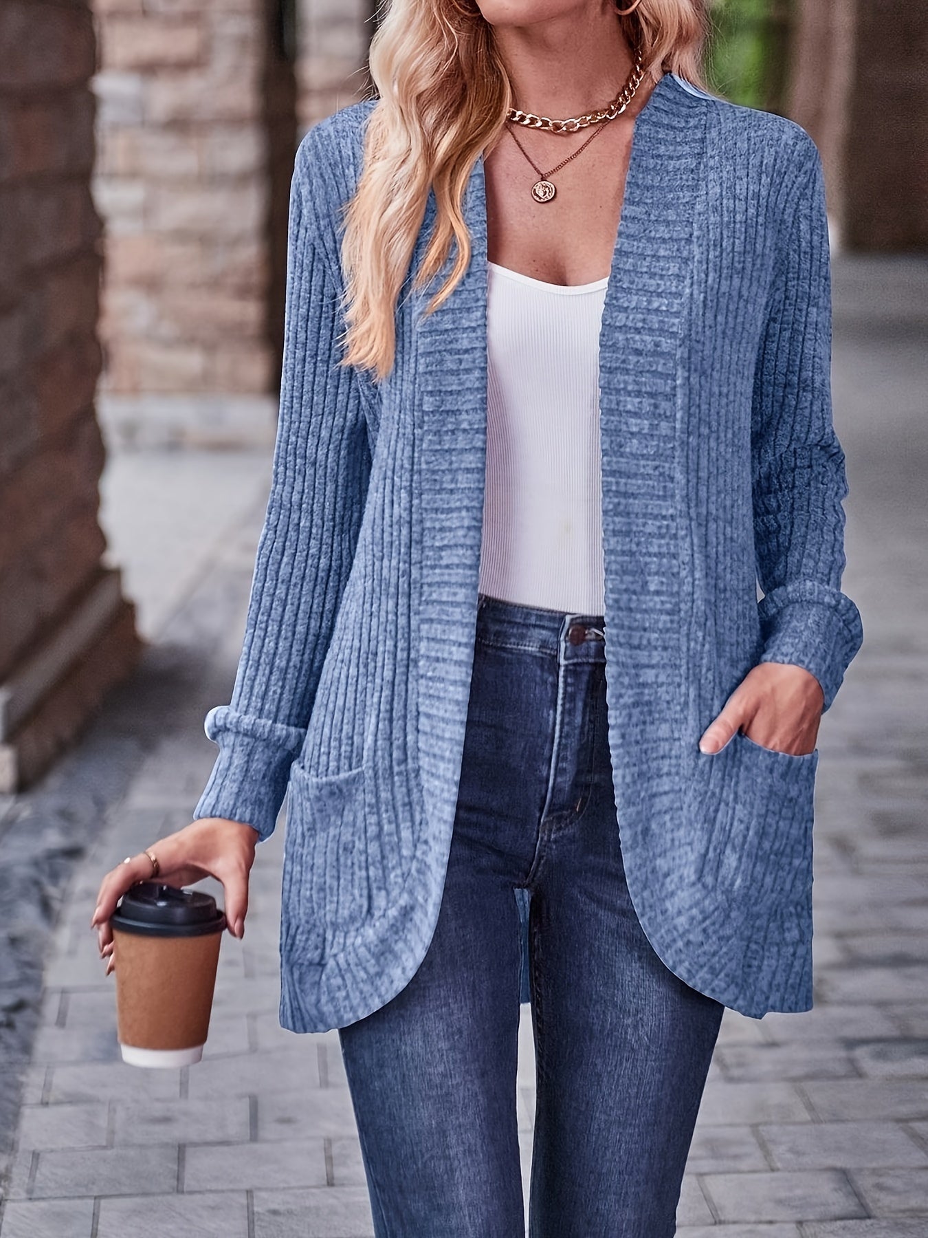 Ribbed Open Front Cardigan with Pockets