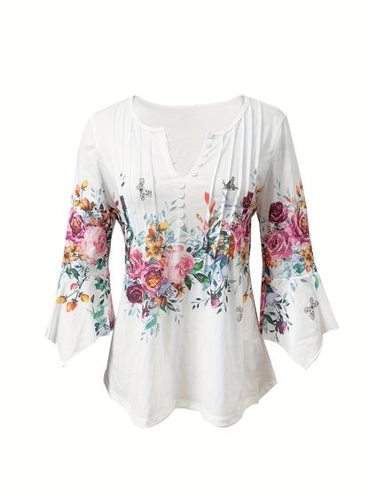 Floral V-Neck Button Blouse