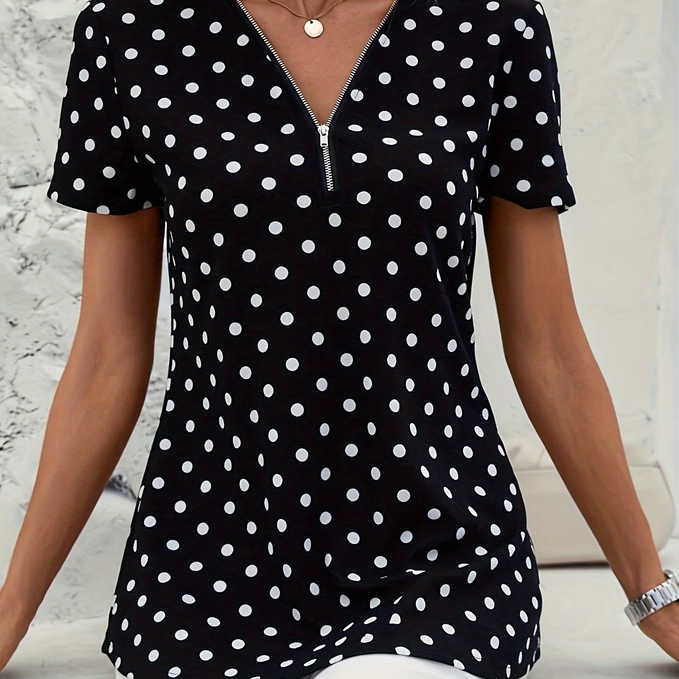 Polka Dot V-Neck Zipper Blouse