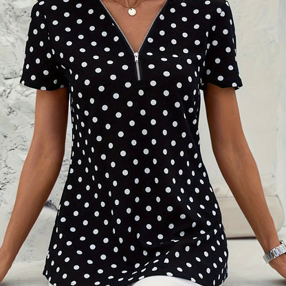 Polka Dot V-Neck Zipper Blouse