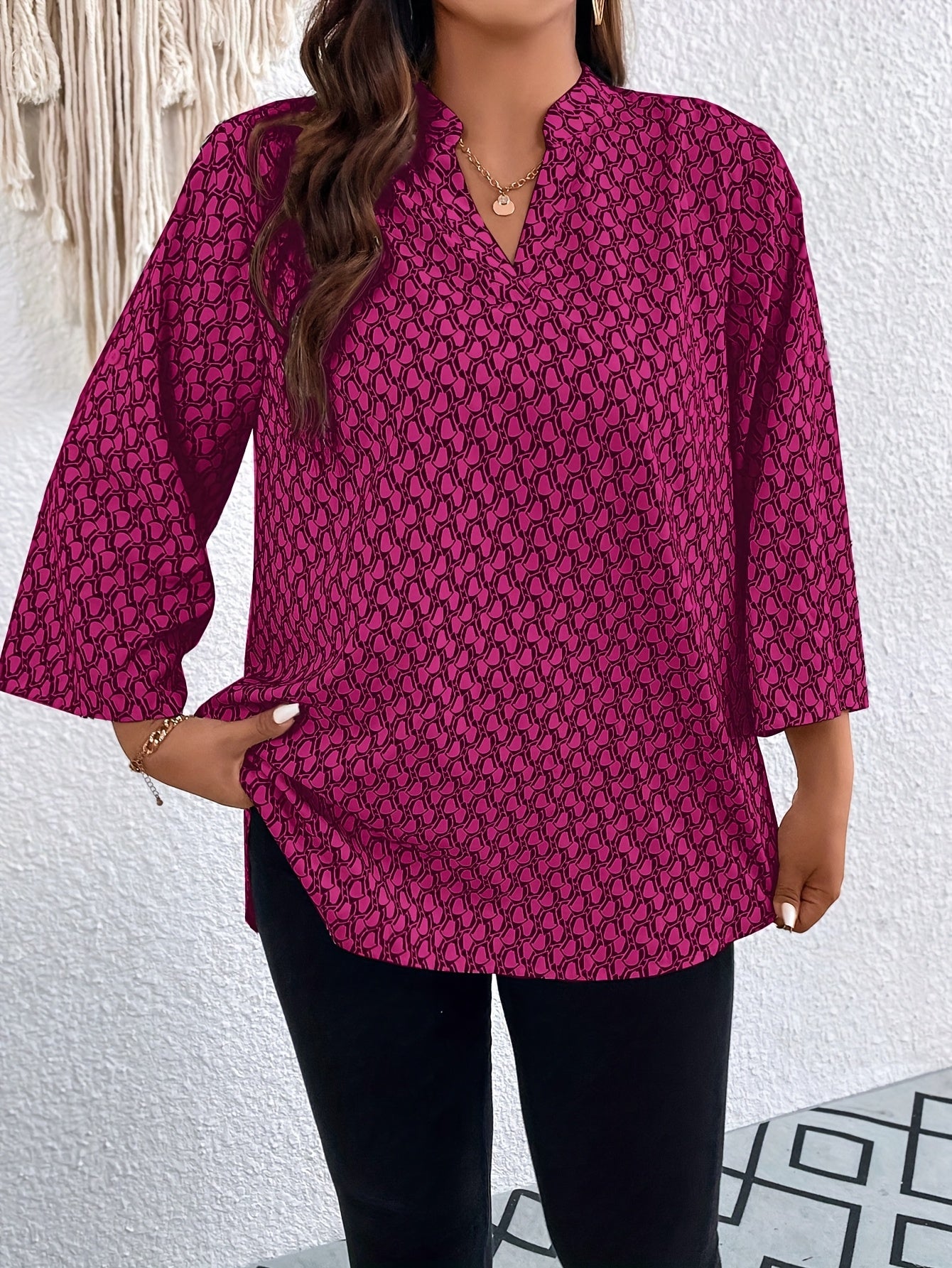 Printed Notched Neck Tunic Blouse